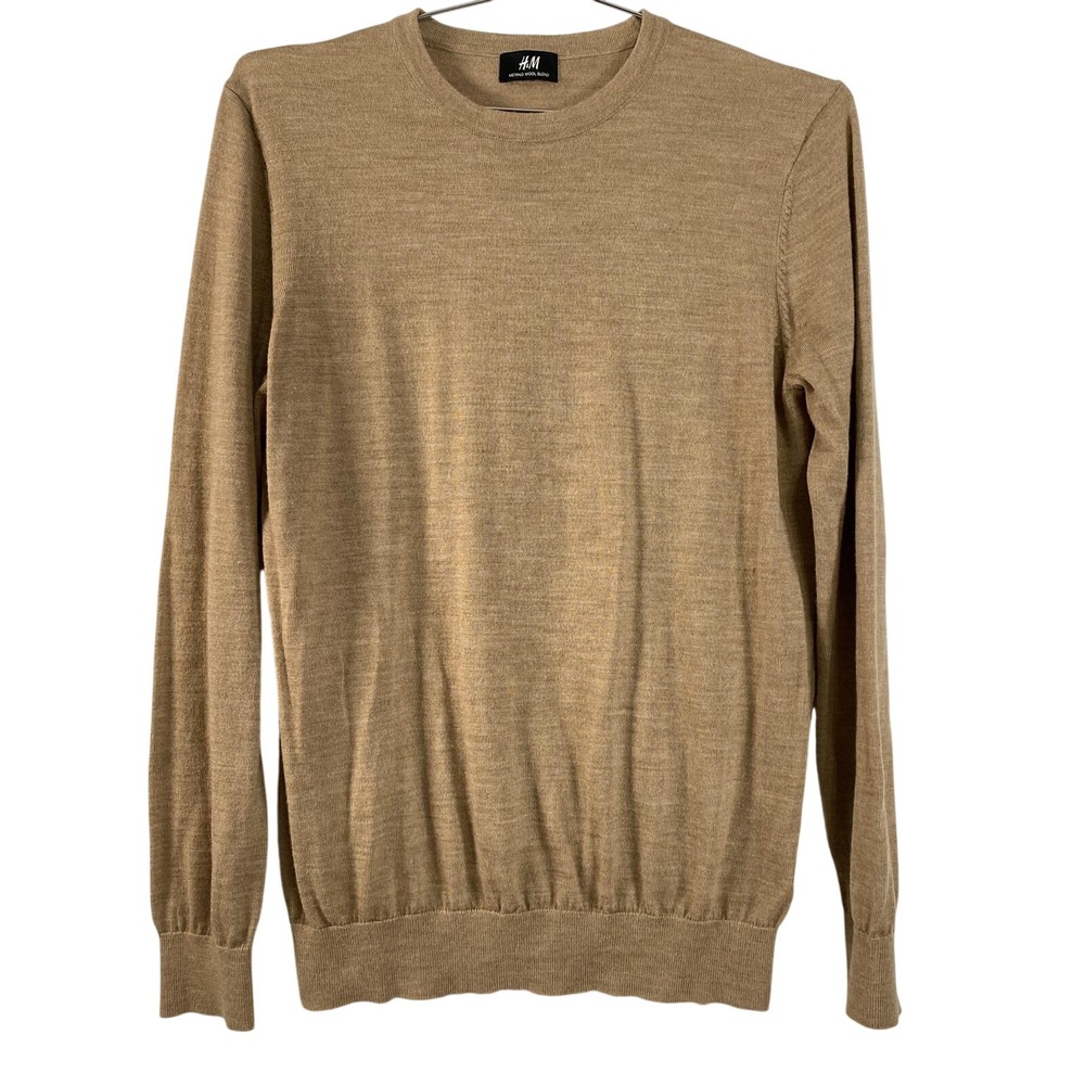 H&M Sweater Mens Large Tan Merino Wool Blend Crewneck Lightweight Pullover